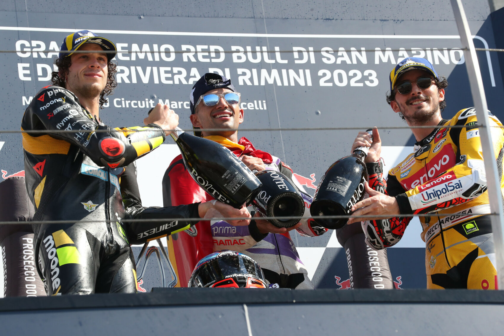 MotoGP, Marco Bezzecchi, Jorge Martín, Francesco Bagnaia, dobogó, San Marinó-i Nagydíj 2023, futam
