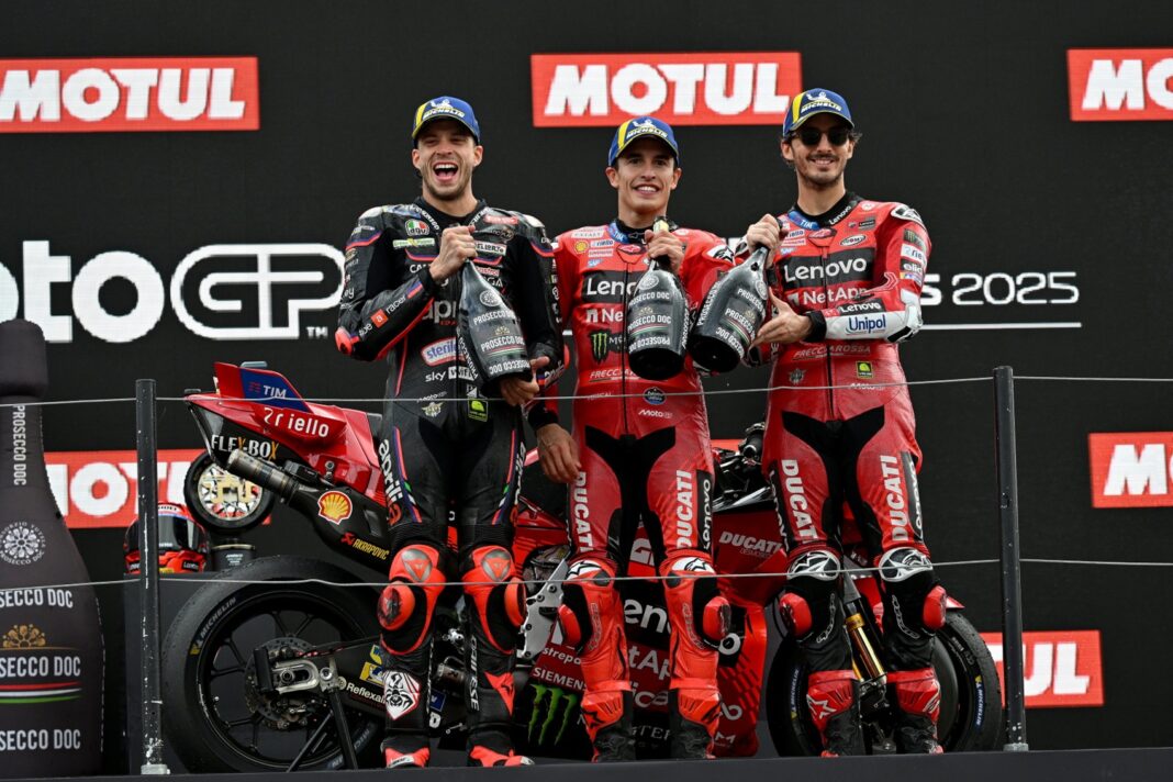 Holand Nagydíj, 2025, vasárnap, dobogó, Marco bezzechi, Marc Márquez, Francesco Bagnaia