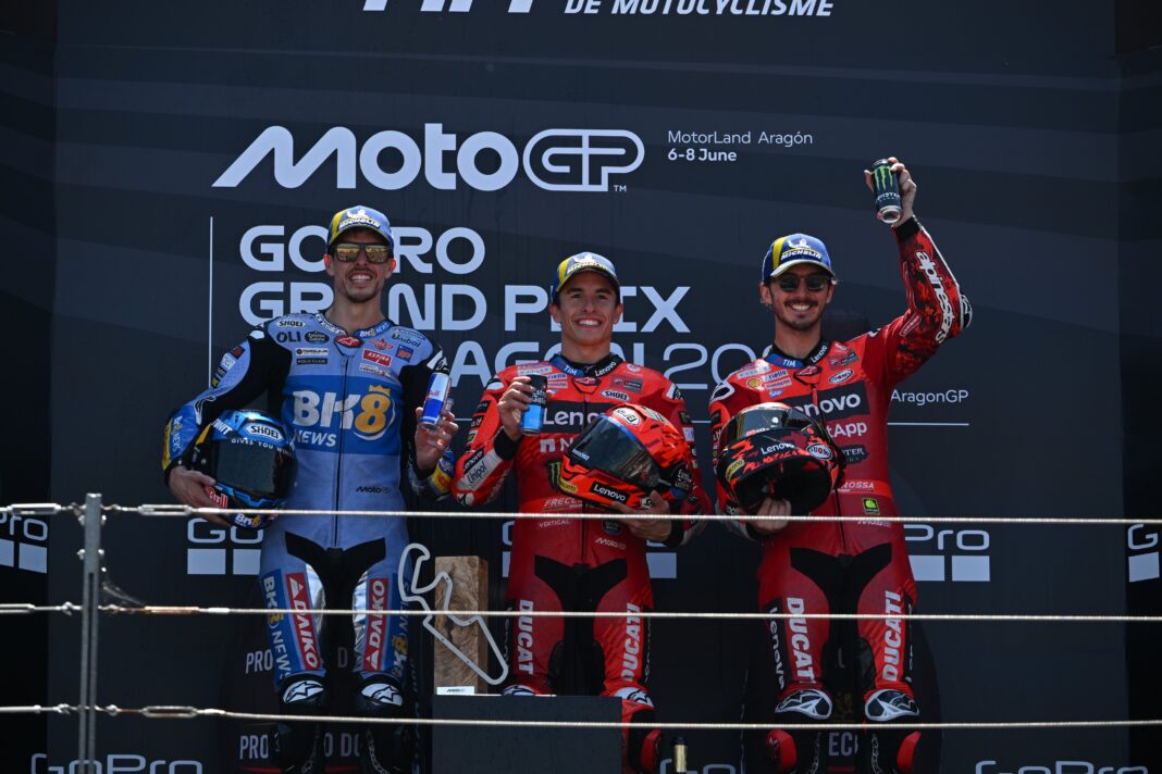 MotoGP, Álex Márquez, Marc Márquez, Francesco Bagnaia, dobogó, Aragóniai Nagydíj 2025, vasárnap