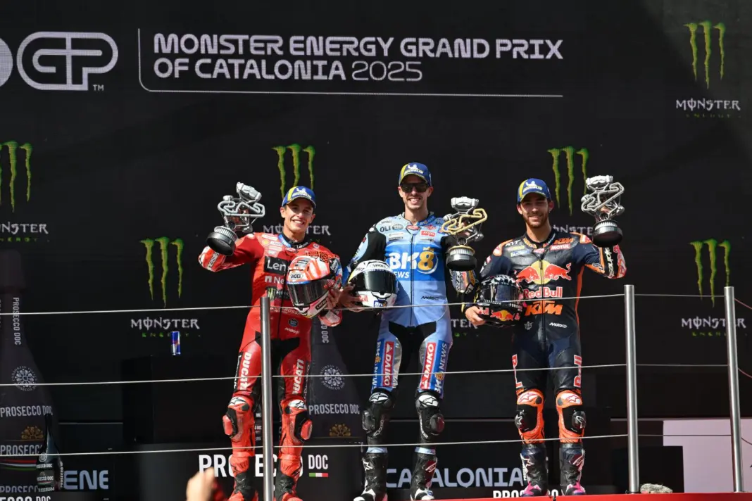 Marc Márquez, Álex Márquez, Enea Bastianini, dobogó, Katalán Nagydíj, 2025, vasárnap