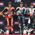 Nicolo Bulega, Toprak Razgatlioglu, Alex Lowes, dobogó, Magny-Cours, 2025, vasárnap