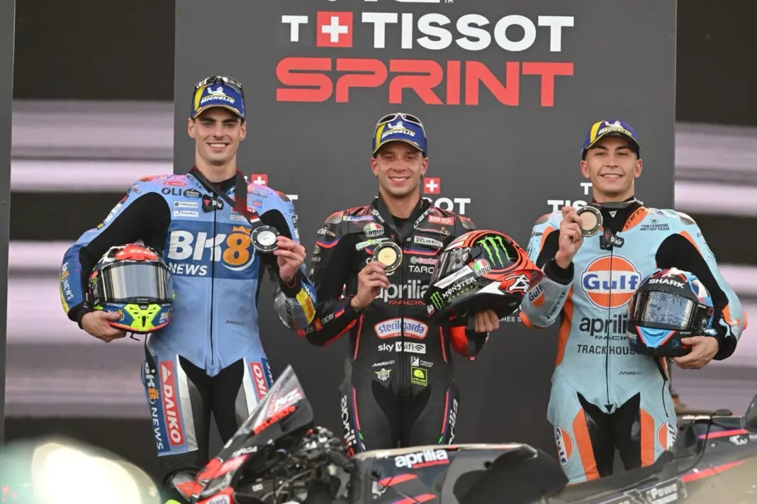 Fermín Aldeguer, Marco Bezzecchi, Raúl Fernández, 2025, Indonéz Nagydíj, sprint, dobogó
